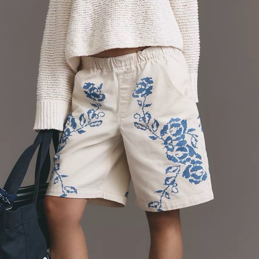 Pilcro Cream Shorts with Blue Floral Embroidery